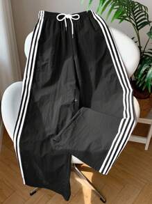 Comfortcana 大码撞色侧条纹松紧腰宽松休闲运动裤 - 黑色 - 查看 6