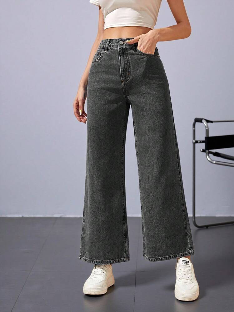 Jeanoix Calça Denim de perna larga e cor sólida com bolsos | SHEIN