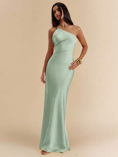 SHEIN BAE Vestido largo de satén asimétrico de un hombro, con espalda descubierta y lazo, de color amarillo crema sólido, elegante, para invitada de boda, vacaciones en la playa, primavera/verano