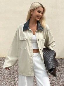 Livesso 女士宽松休闲夹克，面料拼接，秋季，牛仔夹克，秋季女装 - 卡其色 - 查看 3