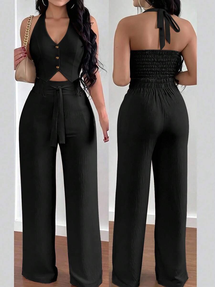 MYSTAURA 女式休闲度假露背吊带背心和阔腿裤两件套 - 黑色 - 查看 1