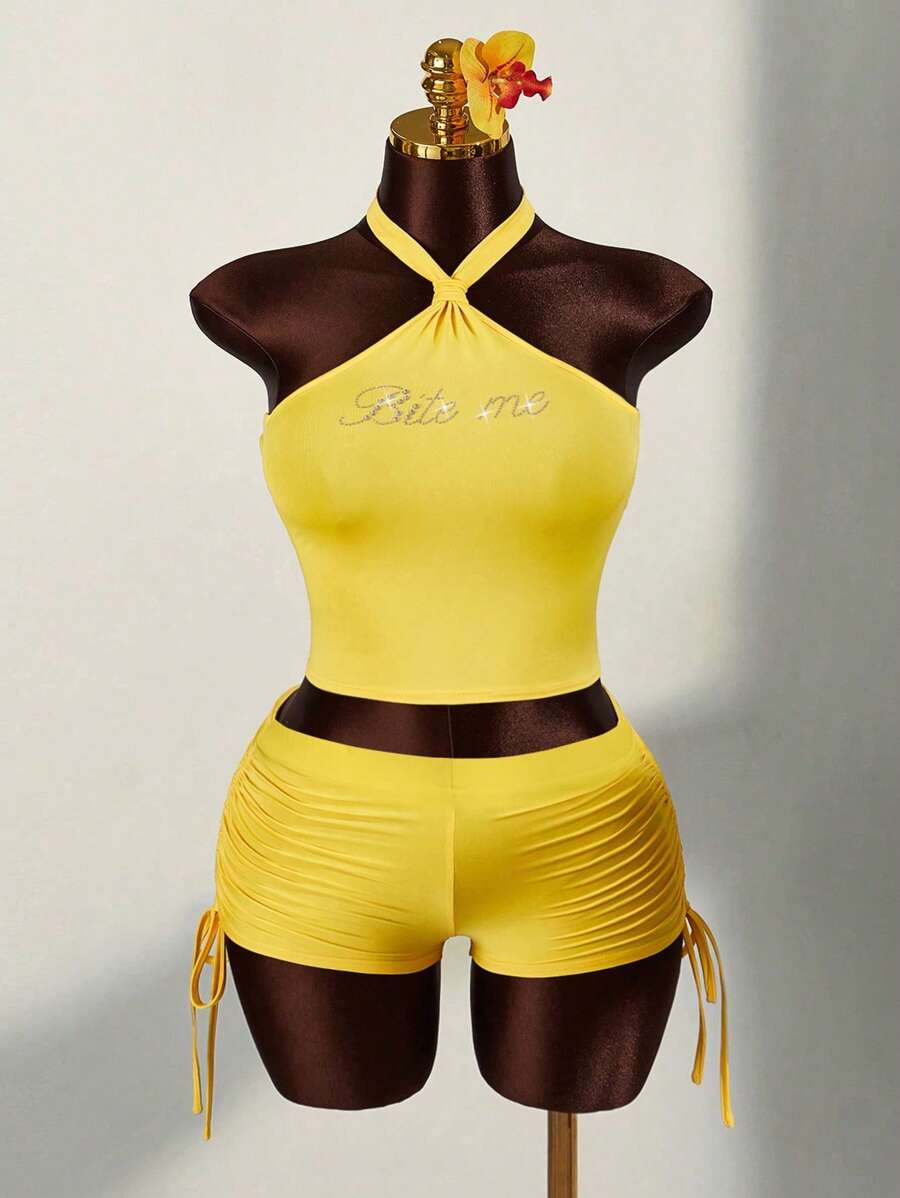 Amplova Bộ 2 chiếc áo yếm đính đá cỡ lớn cho nữ và quần short mini có dây rút - Màu vàng - Xem 1
