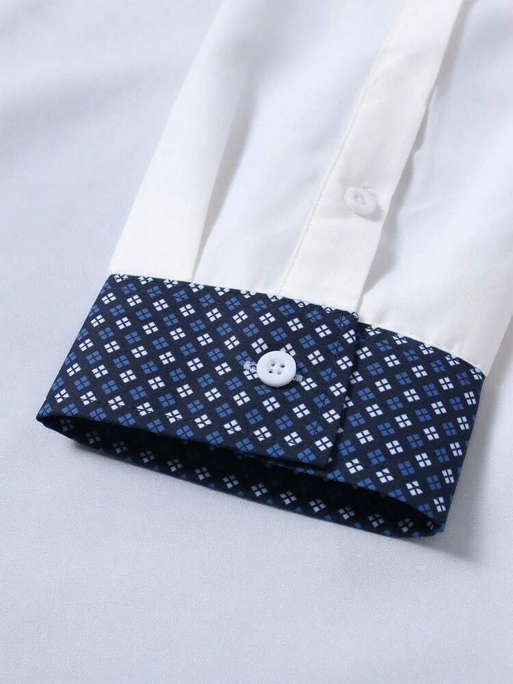 Manfinity Mode Men's Casual Business Commute Printed Patchwork Long Sleeve Shirt White Dress Shirt Designer Shirt Dress Shirt Fashion Shirt Business Casual Shirt, Fall, Old Money Style - White - View 8