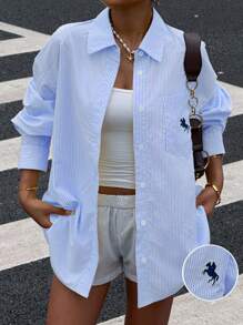 Muchica 女士天蓝色条纹宽松长袖休闲刺绣衬衫 - 藍色 - 查看 3