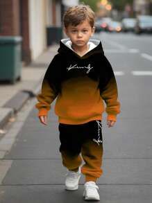 SHEIN 2 件套年轻男童宽松休闲舒适长袖连帽运动衫套装，适合秋冬季 - 彩色 - 查看 1