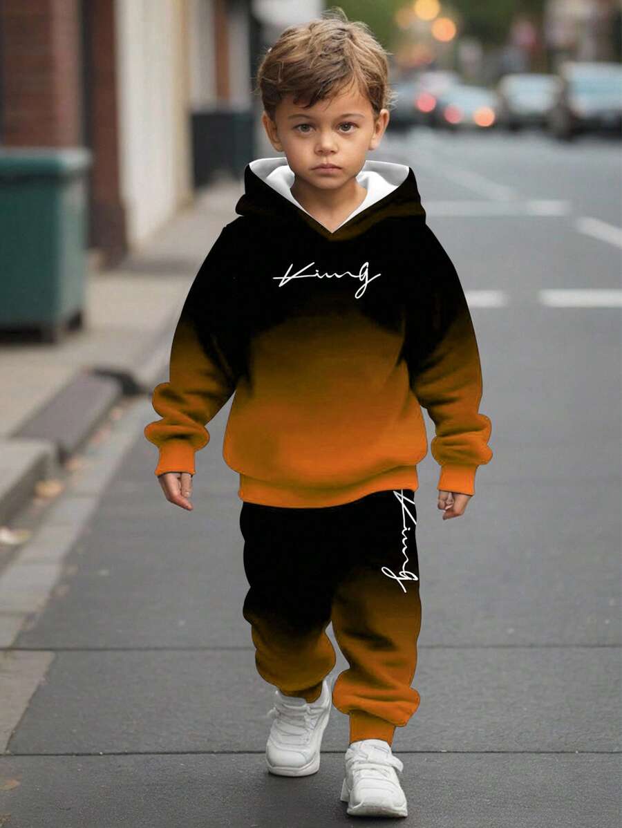SHEIN 2 件套年轻男童宽松休闲舒适长袖连帽运动衫套装，适合秋冬季 - 彩色 - 查看 1