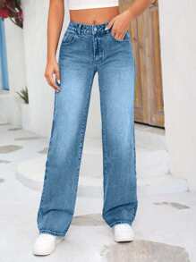 SHEIN Tall Quần jean ống đứng dáng rộng, túi hộp tiện dụng đa năng cho nữ - Rửa nhẹ - Xem 3