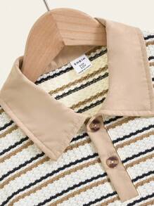 SHEIN 2pcsTween Boy Polo Co-Ords Casual Daily Wheat Yellow Textured Woven Fabric Short Sleeves Polo Regular Thicknessdaily Vacation Summer And Autumn Contrast Stripesback To School Polo Shirt And Khaki Pants Suit - Khaki - View 5