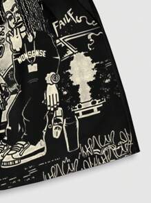 ROMWE MEN Street Life Men's Street Graphic Character Print Shorts, Suitable For Daily Wear In Spring & Summer - Black - View 4