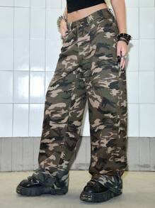 Paul Frank X ROMWE Y2K Kpop 街头风猴子刺绣宽松迷彩超低腰牛仔裤 - 軍綠色 - 查看 4