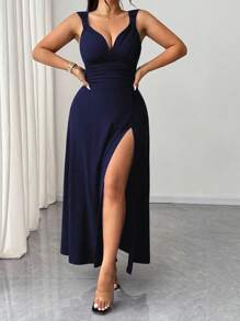 Elenzga Đầm dự tiệc cocktail cổ chữ V màu trơn, xẻ tà cao, co giãn, thiết kế thời trang đa năng, phong cách 2025 dành cho nữ cỡ lớn - Màu xanh hải quân - Xem 4