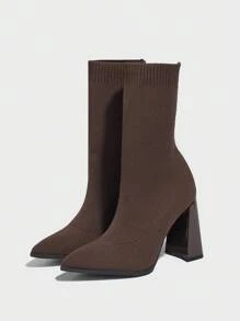 Daringsoles Women's Pointed Toe Chunky High Heel Slip-On Knit Tight Fit Ankle Boots For Christmas - Coffee Brown - View 4