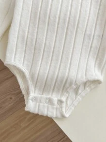 4pcs/Set Basic White Autumn Baby Girl Knitted Long Sleeve Bodysuit,Casual Ribbed Solid Color Sweater Bodysuit,Fall - White - View 6