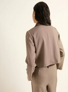 Nöista 格子编织夹克，深棕色衣领，大前袋，开放式拉链，宽松版型，非常适合休闲、办公室、秋季、西部、返校和波西米亚风格的女装。 - 彩色 - 查看 4