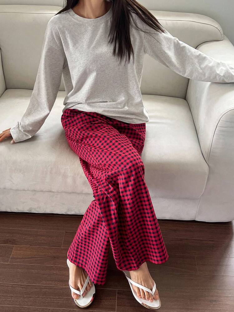 Solid Color Loose T-Shirt Top & Plaid Long Pants Women's Sleepwear Lounge Set, Fall Winter Clothes, Cozy Outfits