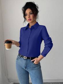 Elenzga Women's Solid Color Long Sleeve Single-Breasted Casual/Work Shirt Fall Cloth For Women - Navy Blue - View 6