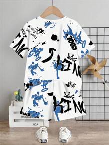 SHEIN Fashionable Young Boy's Summer Set: Cartoon Bear Graphic Tee And Shorts Outfit (2 Pieces) - White - View 3