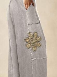 Bohemela Quần dài nữ dáng rộng lưng vừa dệt kim trơn màu phong cách đồng quê giản dị - Màu Xám nhạt - Xem 3