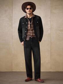 Manfinity Homme Men's Black Denim 2 Pieces Set, Fashionable Jacket Coat & Loose Wide-Leg Pants, Autumn/Winter - Black - View 4