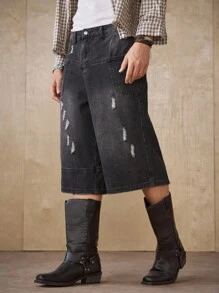 Manfinity Homme 拼布七分裤，新款春夏街头品牌休闲直筒短裤 - 黑色 - 查看 4