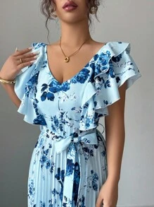 Lyxana V-Neck Digital Print Vacation Style Ruffle Waist A-Line Elegant Romantic Women Dress - Multicolor - View 6