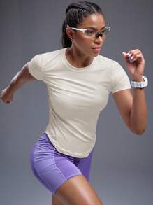 Powerista Solid Color Fitted Round Neck Asymmetric Hem Short Sleeve Athletic T-Shirt Gym Women Shirts - Beige - View 3