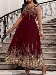 SHEIN Lady 2025 New Spring And Summer Burgundy Formal Dress For Women Legant Party Wedding Cocktail Part Concert/Music Festival Concert/Music Festival Knitted Round Neck Scoop Neck Flared Long Sleeveless Plus Size Dresses Burgundy Dress Wedding Guest Dress For Women Party Dress Elegant Party Dress Halloween Costumes - Burgundy - View 3