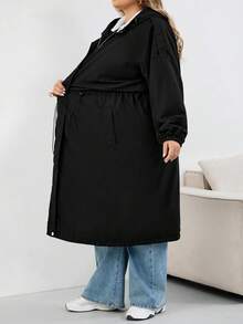 SHEIN CURVE+ Áo khoác trùm đầu dài tay raglan màu trơn cỡ lớn dành cho nữ, dáng rộng, có dây rút, eo cao, thường ngày, mùa đông/thu/đông - màu đen - Xem 10