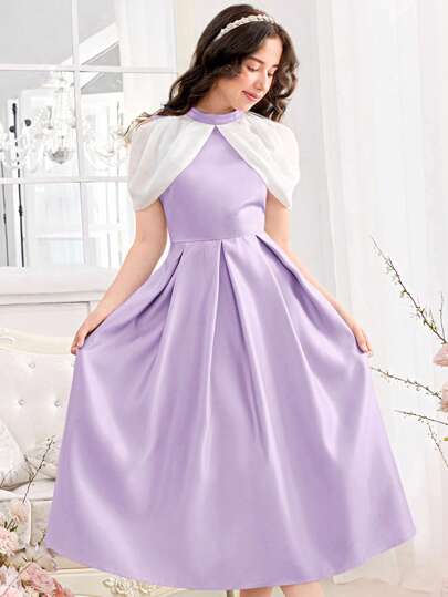 SHEIN 少女缎面立领收腰A字撞色连衣裙