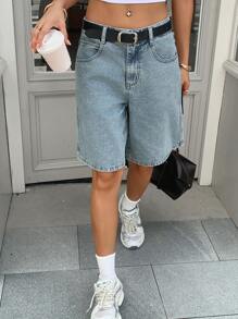 DAZY 女式常规腰部休闲街头风格宽松牛仔百慕大短裤 - 淺色水洗藍 - 查看 2