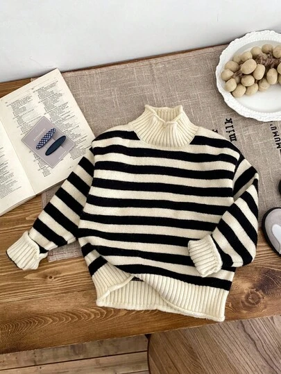 LMoss Kids Suéter casual de cuello alto a rayas para niña joven