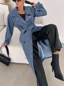 EURMUSE 100% Cotton Women's Lapel Belted Pocket Button Denim Jacket Coat - Light Wash - View 7