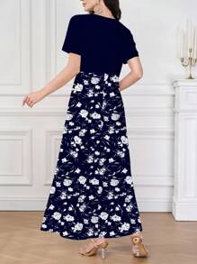 Seusyu Granatowa elegancka letnia dzianinowa sukienka z krótkim rękawem i dekoltem w serek, może być noszona jako odzież wierzchnia lub jako podkoszulek/sukienka do pracy, vintage delikatny wzór z drobnymi kwiatami, piękna i elegancka, odpowiednia na randki, wakacje, codzienne, codzienne, imprezy, festiwale, sukienki, letnia długa sukienka damska, zwiewna sukienka, sukienka w kwiaty, sukienka vintage/sukienka maxi w kwiaty, niebiesko-biała sukienka maxi w kwiaty, granatowa sukienka maxi, długa sukienka w kwiaty, niebieska sukienka maxi w kwiaty, damska sukienka maxi - Granatowy - Zobacz 2