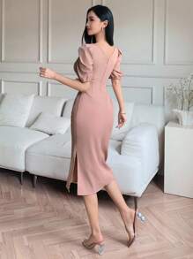 DAZY 女士纯色方领褶皱泡泡袖中长连衣裙 - 米色 - 查看 2