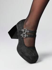 ROMWE Goth Zapatos de plataforma con tacón grueso y puntera redonda, estilo vintage y tacón ancho, nuevos para primavera, color negro - Negro - Ver 3