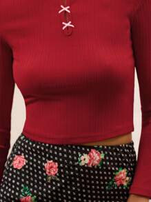 lacRébo Red Fitted Long Sleeve Top With Mini Pink Satin Bows And Open Chest Detail Fall Women Clothes Top Spring Summer  New Year Top - Red - View 6