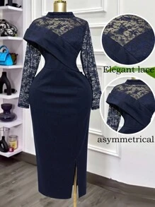 Modelyn 大码女式立领撞色蕾丝长袖开衩下摆优雅连衣裙 - 藏蓝色 - 查看 6