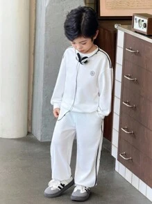 SHEIN 2件組男孩針織運動衫，韓系休閒時尚，返校季校服兒童開學套裝 - 白色 - 查看 3