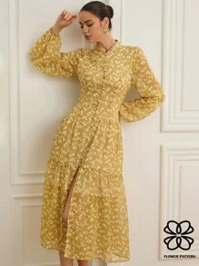 Aveloria Rosie New Autumn Fashion Random Ditsy Floral Chiffon Pearl Button Stand Collar Long Sleeve Women Long Dress Fall Cloth For Women