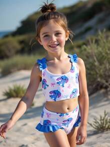 SHEIN GraphicGems Young Girl Summer Beach Vacation Style Cute Cartoon Rabbit & Bow Print Contrast Frill Trim Bikini Set Set Animal Print Dress Halloween Costumes School Clothes School Clothes Back To School Clothes Puppy Keep Puppy Graphic Tees