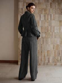 MOTF PREMIUM 翻领荷叶边牛仔夹克和阔腿牛仔裤套装 - 黑色 - 查看 2