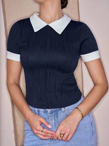 Andrea Bello Contrast Trim Keyhole Back Tee - Navy Blue - View 3