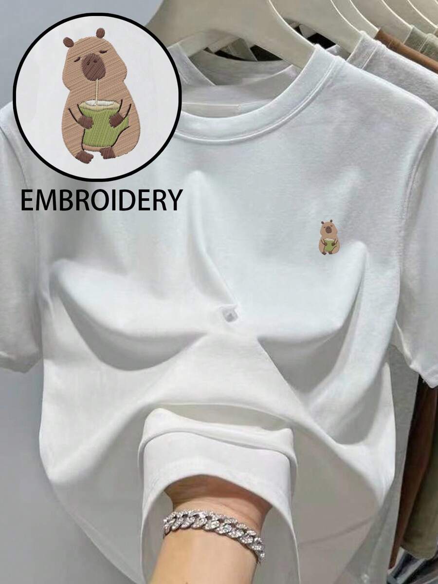 INAWLY Camiseta de manga corta de talla grande de verano con bordado de dibujos animados de estilo informal - Blanco - Ver 1