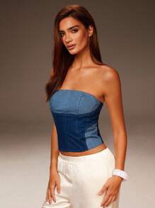 Athîral Women's Casual Contrast Color Patchwork Cropped Denim Top, Summer,Four Seasons,Denim Strapless,Going Out Wear - Multicolor - View 3