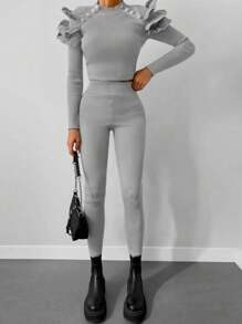 Ruffle Trim Ribbed Knit Sweater & Knit Pants - Light Grey - View 1