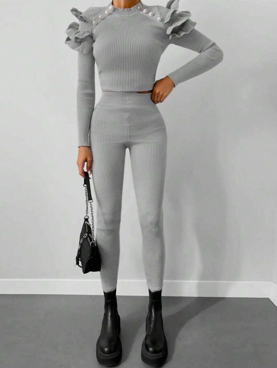 Ruffle Trim Ribbed Knit Sweater & Knit Pants - Light Grey - View 1