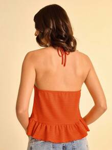 CAJUNI Women's Summer Vacation Casual Tropical Boho Style Energetic Orange Halter Tied Backless Ruffle Hem Cami Tank Top - Orange - View 2