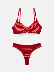 lacRébo 性感红色缎面内衣套装，包括褶皱文胸、蝴蝶结装饰和配套丁字裤，圣诞新年礼物 - 紅色 - 查看 7