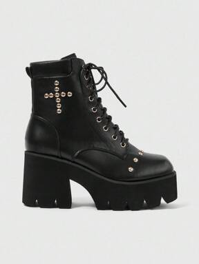 Grunge Punk Gothic Style Square Toe Chunky Heel Punk Boots, PU Leather Black High Heel Boots Suitable For Party, Daily Wear, Evening Dress, Height Increasing And Leg Lengthening