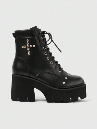 Grunge Punk Botas góticas de puntera cuadrada y tacón grueso, botas de tacón alto de piel de PU negras adecuadas para fiesta, uso diario, vestido de noche, que aumentan la altura y alargan las piernas